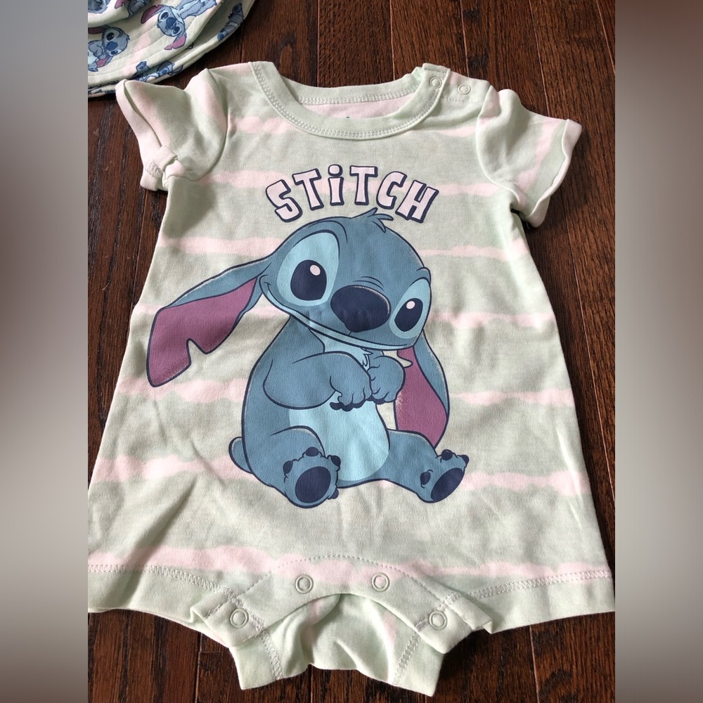 Disney Baby 3-6M Stitch Green Striped Short-Sleeve One Piece w/Matching Hat NWOT - Picture 2 of 11